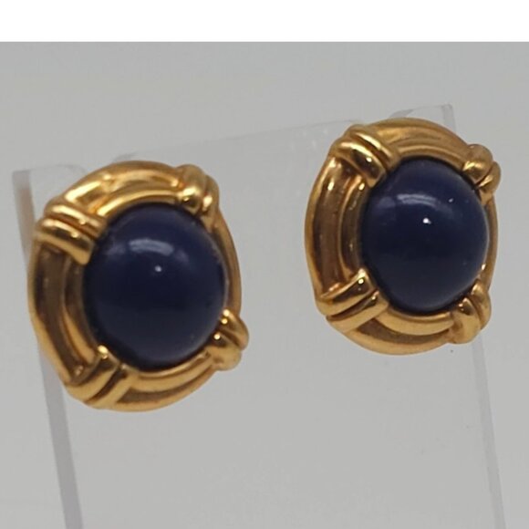 Vintage White Stag Blue Cabochon Nautical Pierced Earrings Gold Tone Studs - Picture 5 of 8